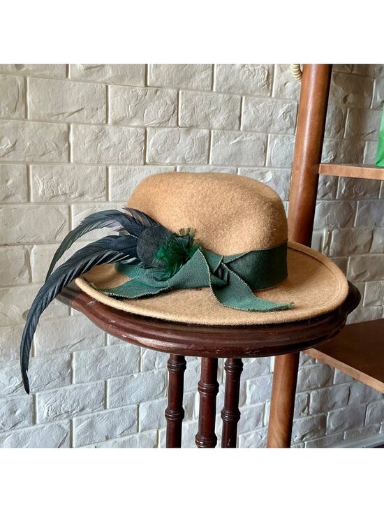 Vintage Accessories - Vintage Capo Feathered Tan Wool Hat + Ribbon Hatband